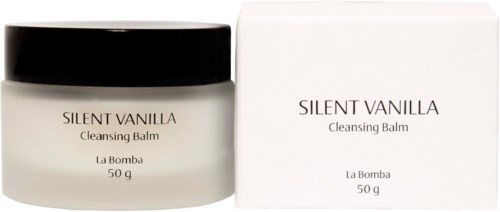 Słoik i pudełko z Silent Vanilla Cleansing Balm od La Bomba, 50 g. Słoik ma czarną pokrywę i biały etykietę.