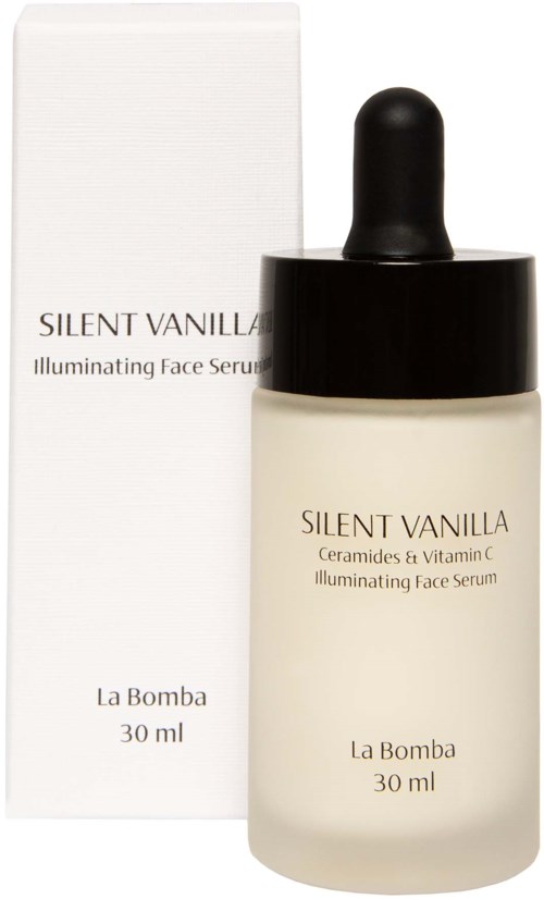 Butelka serum do twarzy Silent Vanilla rozświetlająca, 30 ml, z kroplomierzem, obok białe opakowanie.