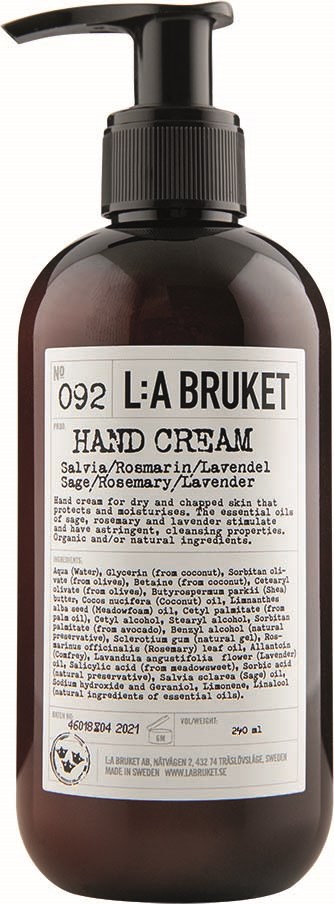 Czarna butelka z pompką z napisem 'L:A BRUKET HAND CREAM' w czerni i bieli.