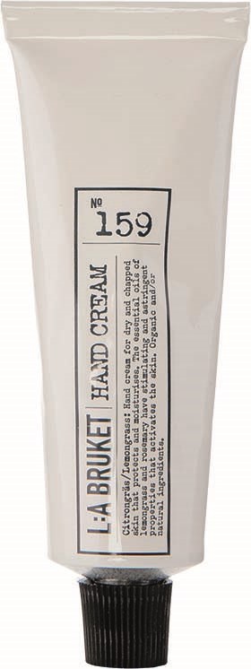 A white tube with black cap, labeled 'L:A BRUKET HAND CREAM NO 159', with small text on the label.
