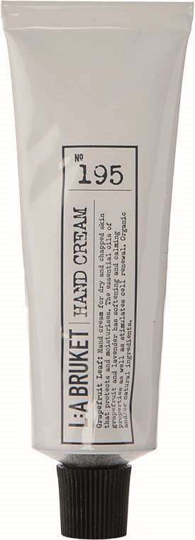 A plain white tube with a black cap, labeled 'L:A BRUIXET HAND CREAM' and the number 195.