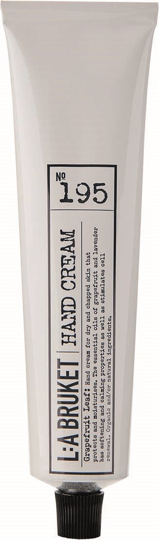 Biała tubka z napisem 'L'À BRUETI HAND CREAM', czarna nakrętka i mały tekst na etykiecie.