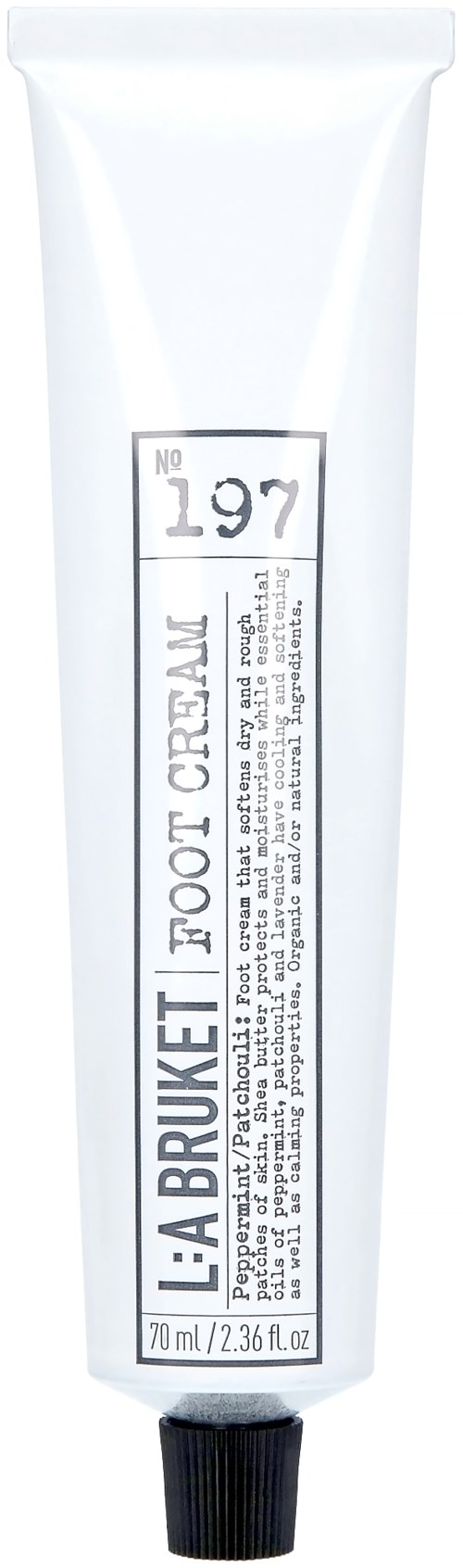 A white tube with black text and a black cap, containing foot cream.