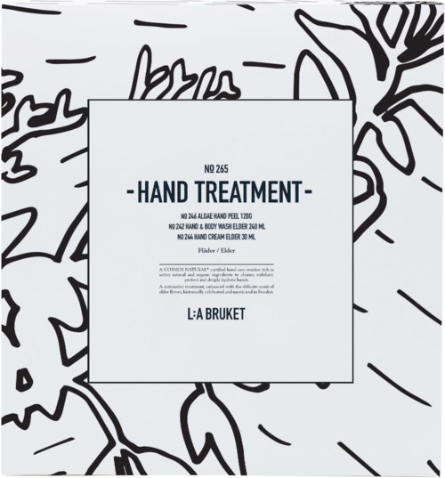 A label for hand treatment product with floral background, stating details like type, ingredients, and brand.
