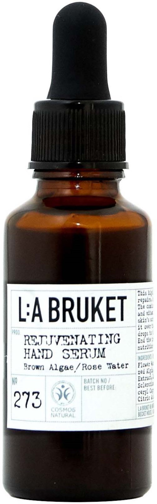 Kleine braune Glasflasche mit schwarzem Pipettenkopf, enthält Handserum von La Bruket, beschriftet als verjüngend mit natürlichen Inhaltsstoffen.