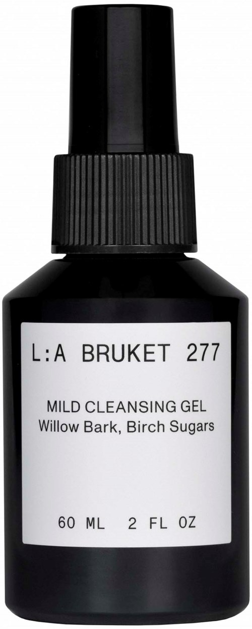 A small black bottle with a label, containing mild cleansing gel with willow bark and birch sugars.