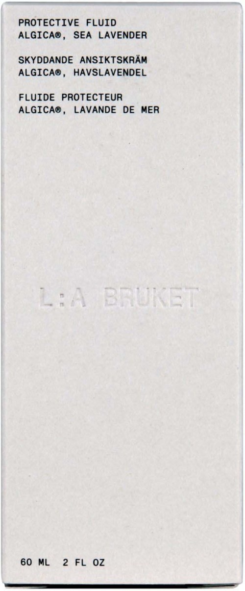 A white box with black text that describes a lavender-scented protective fluid and a brand name. The box is tall and narrow.