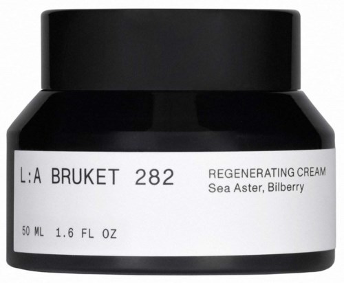 A black jar with a white label, contains regenerating cream with sea aster and bilberry, 50 ml.