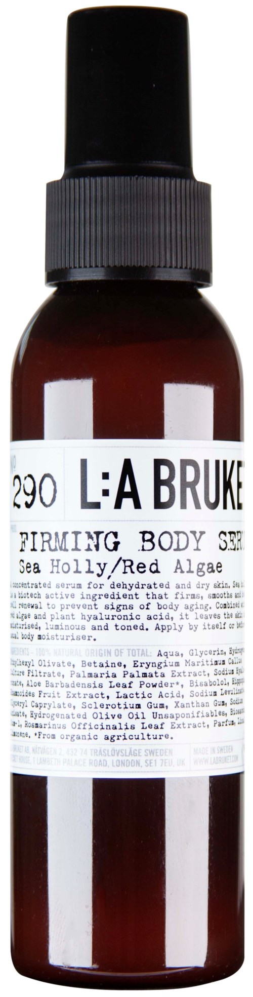 Eine braune Flasche mit schwarzem Sprühkopf, Beschriftung L:A Bruket straffendes Körperspray mit Seetang und roter Alge.