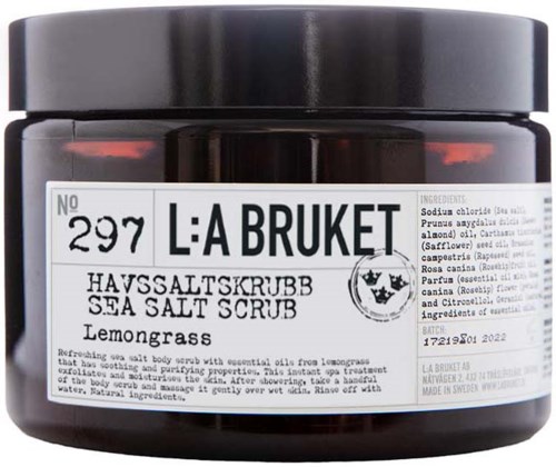 Sea salt scrub with lemon grass scent, in a black jar from L:A Bruket, Sweden. Uses natural ingredients.