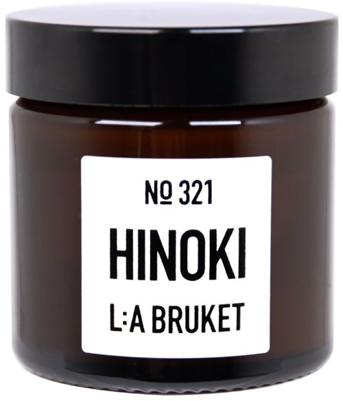 A small brown jar with a black lid, white label reads 'Hinoki L:A Bruket', and number 321.