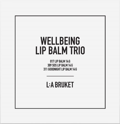 Text list of lip balms by WELLBEING LIP BALM TRIO, including three different products and a store name.