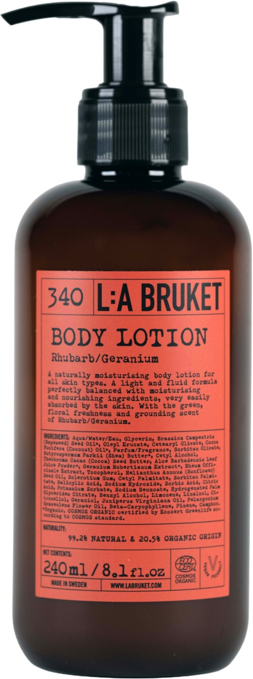 Ruskea pullo pumpulla ja etiketti L:A Bruket vartaloemulsio rabarberi ja geranium tuoksulla.
