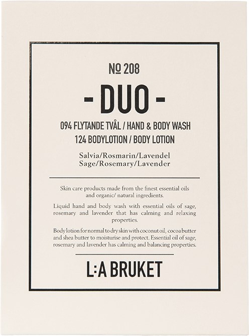En etikett for et kroppsvaremerke, nevner lavendel, salvie, rosmarin og beroligende ingredienser, med produktdetaljer og merke.