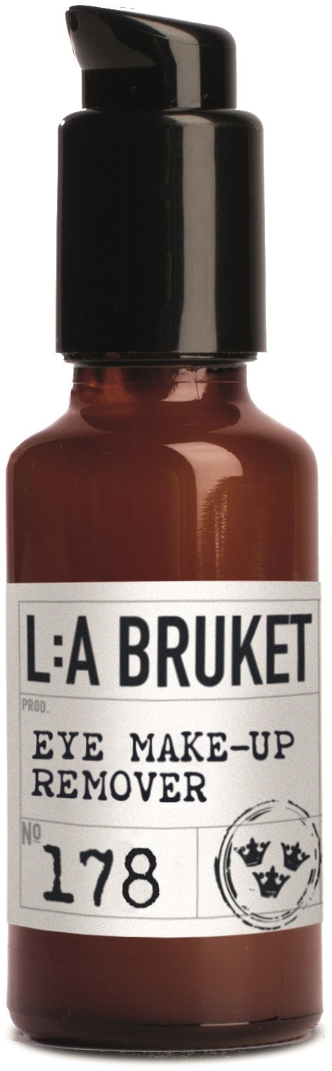 En liten brun flaske med svart pumpe merket 'L:A BRUKET Eye Make-Up Remover No 178.'