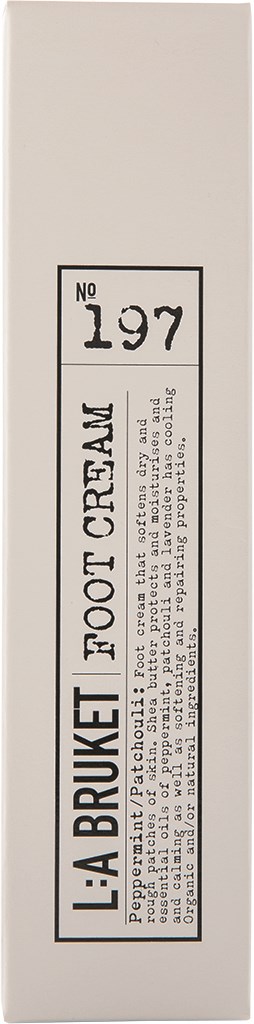 En lång vit låda med svart text som visar ett produktnummer och beskrivning för en fotkräm.