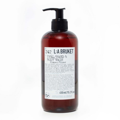 A brown bottle with a pump, labeled "L:A BRUKET" for body wash, containing 450ml of product.