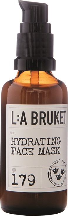 En liten brun flaske med svart pumpe, merket 'Hydrating Face Mask' fra L:A Bruket.