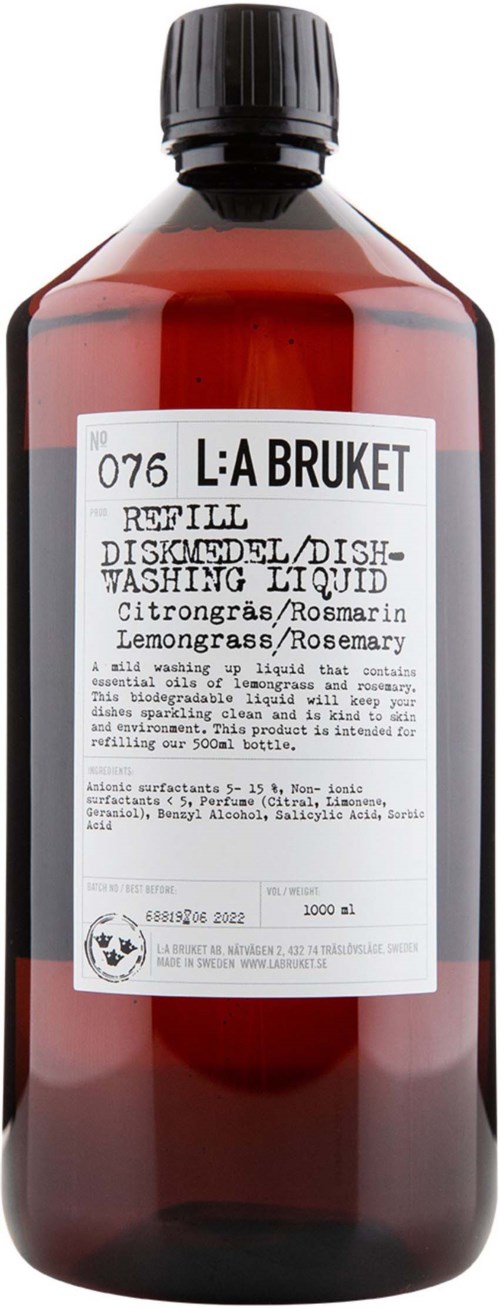 A brown bottle labeled 'L: A Bruket' with liquid inside, containing citron, rosemary, and lemongrass ingredients.