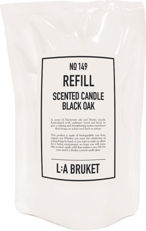 A white refill bag for a scented candle labeled 'Black Oak' by L:A Bruket.