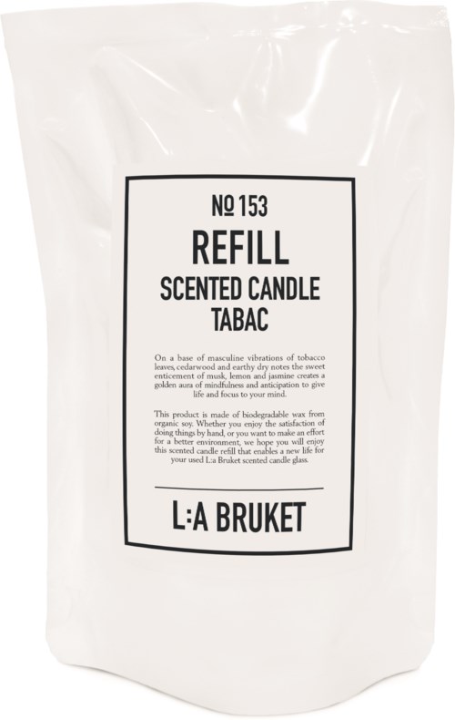 A bag labeled 'Refill Scented Candle Tabac' with description, brand L:A Bruket, and product details.
