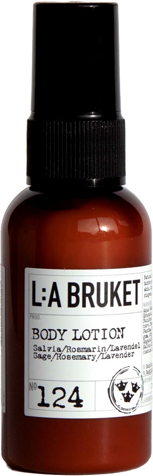 Brązowa butelka z etykietą L:A Bruket lotion do ciała z czapą w sprayu.