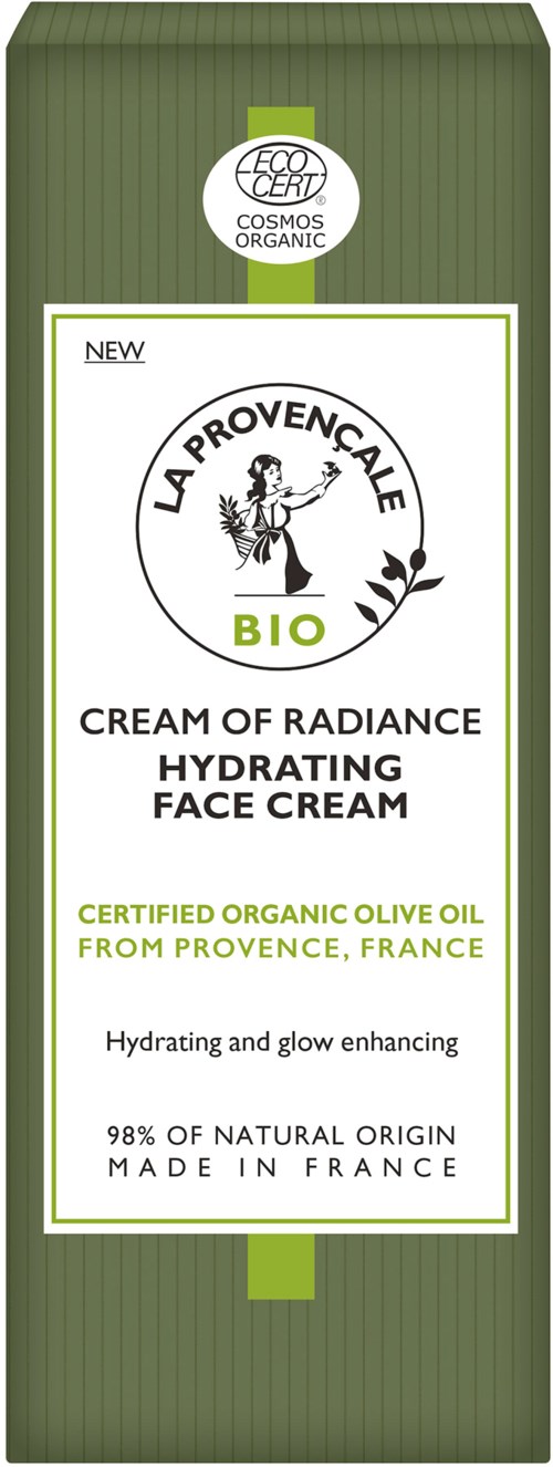 Grön förpackning för ansiktskräm med ingredienser från Frankrike som innehåller ekologisk olivolja och är av naturligt ursprung.