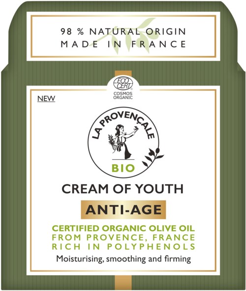 Luonnollinen, luomu kasvovoide Provence-oliiviöljystä, polyfenoleita rikas anti-age-huoltoon.