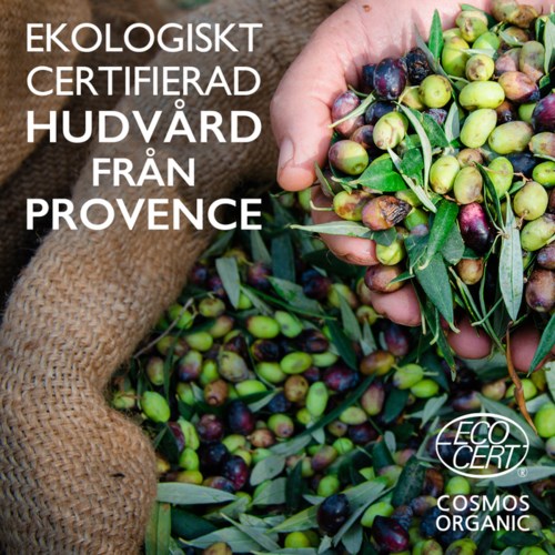En hånd holder grønne og lilla oliven over en sæk av hampetøy, med flere oliven spredt rundt. Teksten fremmer økologisk, provence-gjort kvalitet.