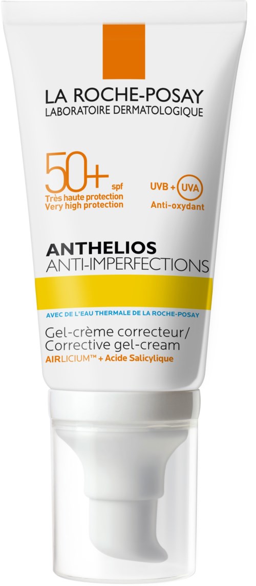 A white tube of La Roche-Posay skin cream with sunscreen, labeled for anti-imperfections, with UV protection and a yellow stripe.