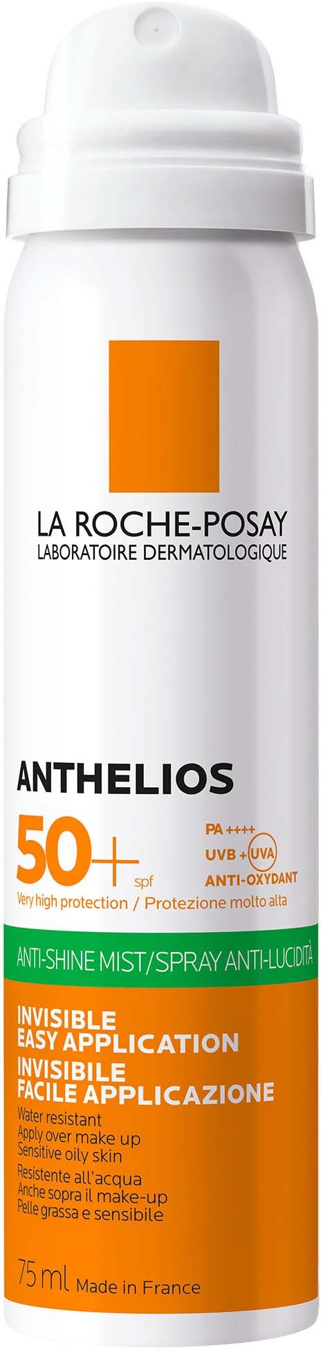 A white bottle of La Roche-Posay Anthelios sunscreen spray with SPF 50+ for sensitive skin.