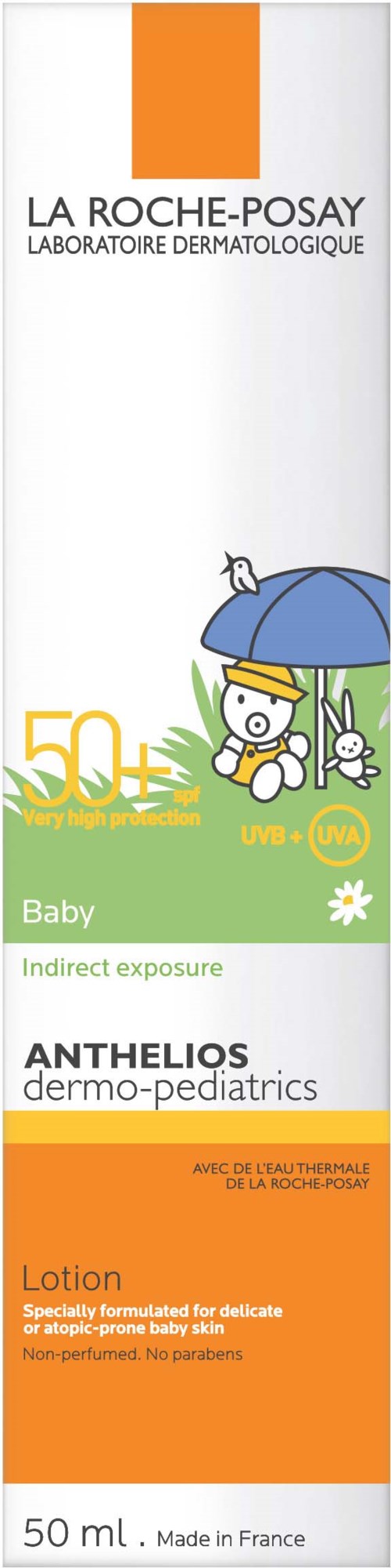 Eine Baby-Sonnencreme-Flasche mit einem cartoonhaften Bären, der einen Regenschirm hält, und den Text 'Baby' und 'Lotion'.