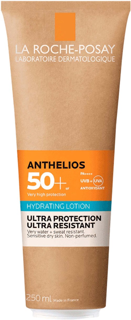 En beige tube af La Roche-Posay Anthelios fugtighedscreme med SPF 50+ til ekstra høj solbeskyttelse, vandtæt og til følsom hud.