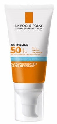 A white bottle with orange and blue labels, labeled La Roche-Posay Anthelios 50+ sunscreen, offers high protection.