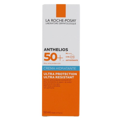 A white and orange skincare product box with SPF 50+ protection from La Roche-Posay, labeled for very high protection.
