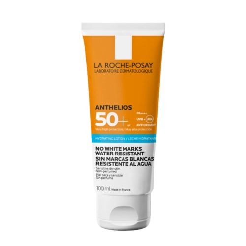 En tube med La Roche-Posay Anthelios solkrem med SPF 50+ og vannavstøtende for sensitiv hud. Den er merket som anti-UV, antioksidant og fuktighetsgivende.