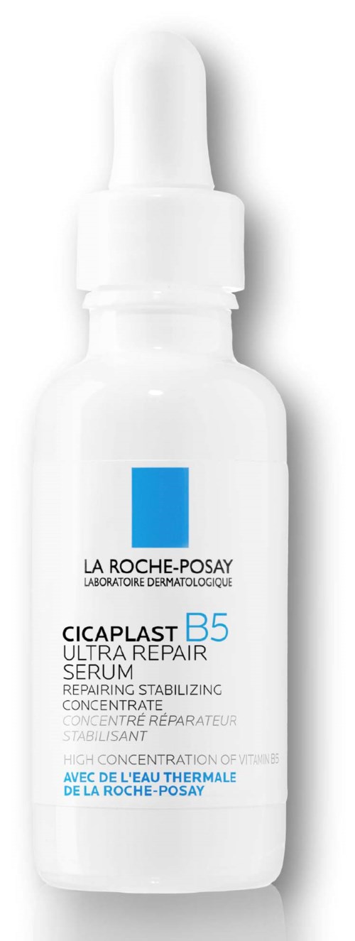 A white bottle with a dropper cap, labeled La Roche-Posay Cicaplast B5 serum for skin repair.