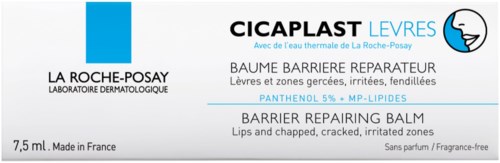 En eske med Cicaplast Lippen leppebalm fra La Roche-Posay, for sprukne, irriterte lepper, inneholder 7,5 ml, laget i Frankrike.