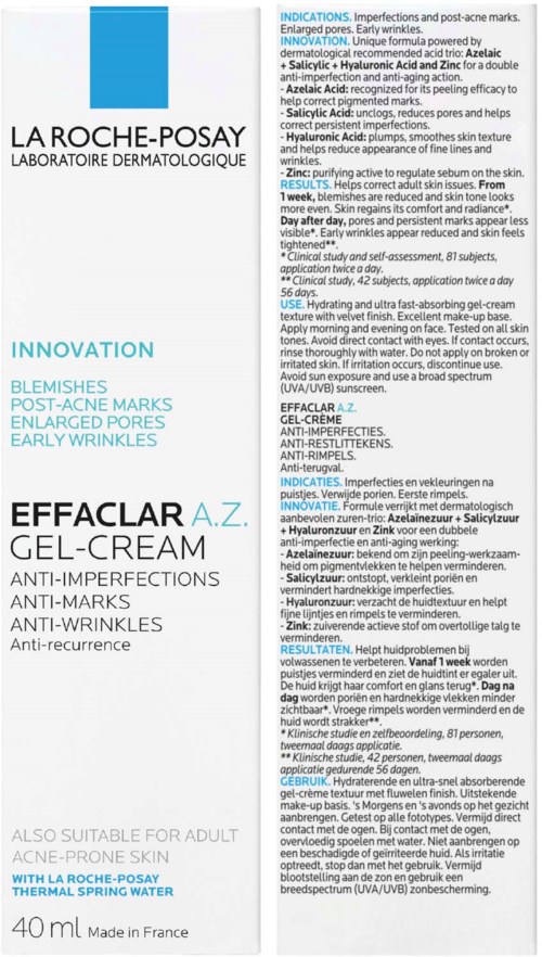 A skincare product box shows La Roche-Posay Effaclar A.Z. gel-cream for acne, with information on uses and ingredients.