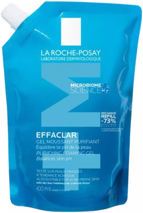 Blue refill pouch for La Roche-Posay Effaclar purifying foaming gel, 400ml, with skin-balancing ingredients.