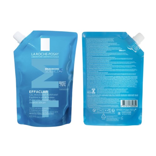 Blue refill pouch with white cap, labeled La Roche-Posay Effaclar gel, for skin cleansing. Text on package with details.