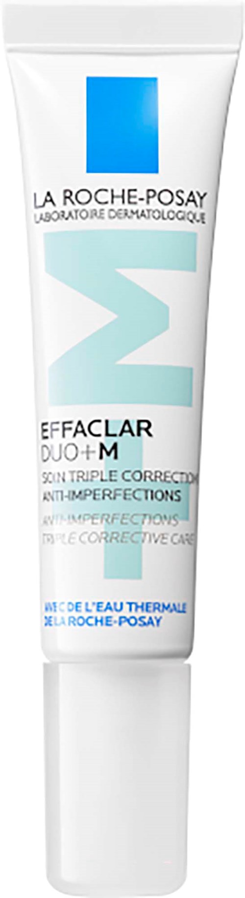 Eine Tube La Roche-Posay Effaclar Duo+ M gegen Unreinheiten mit blauer und weißer Verpackung.