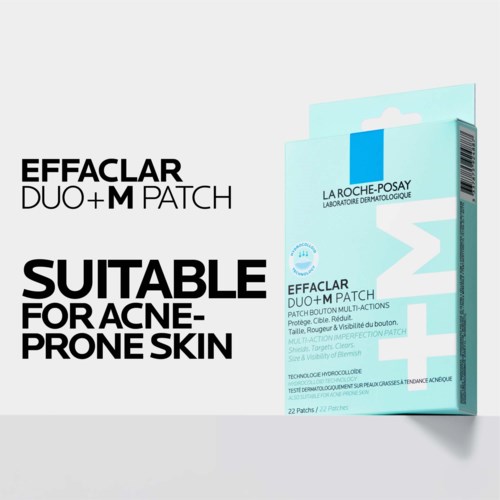 Förpackning med La Roche-Posay Effaclar Duo+M plåster för akne. Enkel design, blå och vit färg, text på paketet.