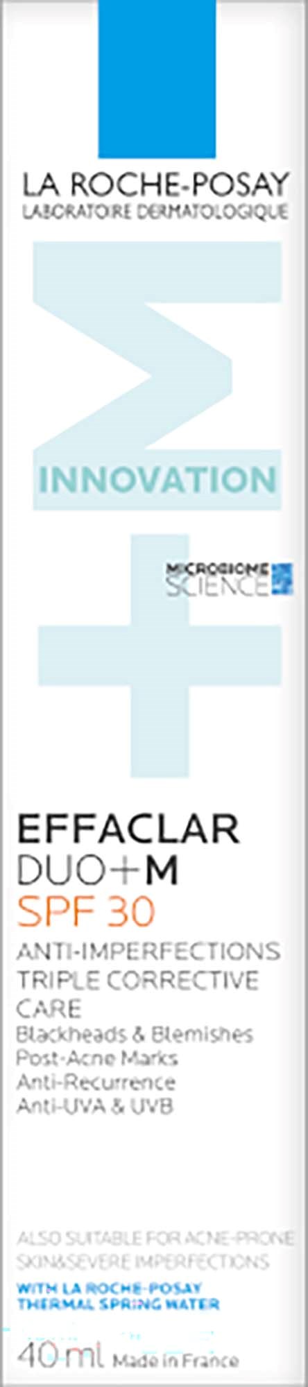 Verpackung von La Roche-Posay Effaclar Duo+ M SPF 30 gegen Unreinheiten und Akne mit Zutatenliste und Produktbeschreibung.