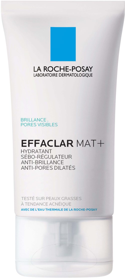 En vit tub med La Roche-Posay Effaclar Mat+ fuktighetskräm med blå och svart text.