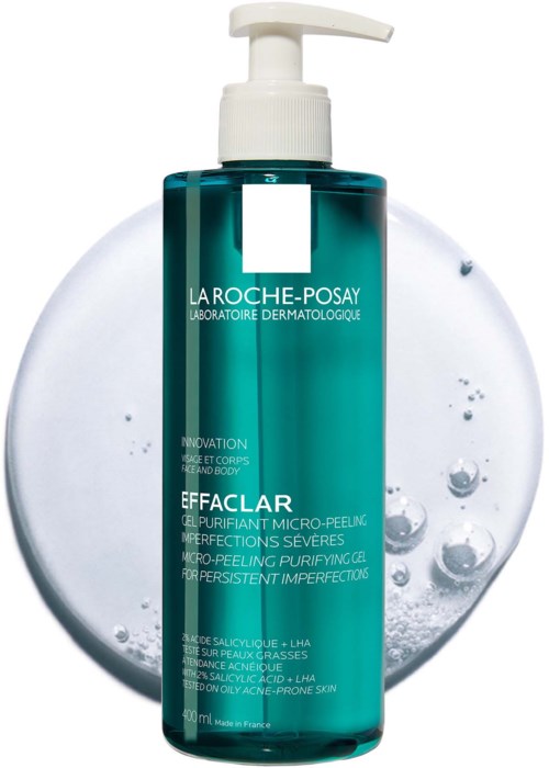 La Roche-Posay Effaclar mikropuhdistusgeeli herkälle, akneihottumaiselle iholle, jossa kuplia ympärillä.