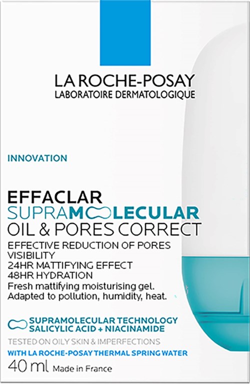 Verpackung für La Roche-Posay Effaclar Supramolecular Oil & Pores Correct, eine Hautpflegegel für fettige Haut.