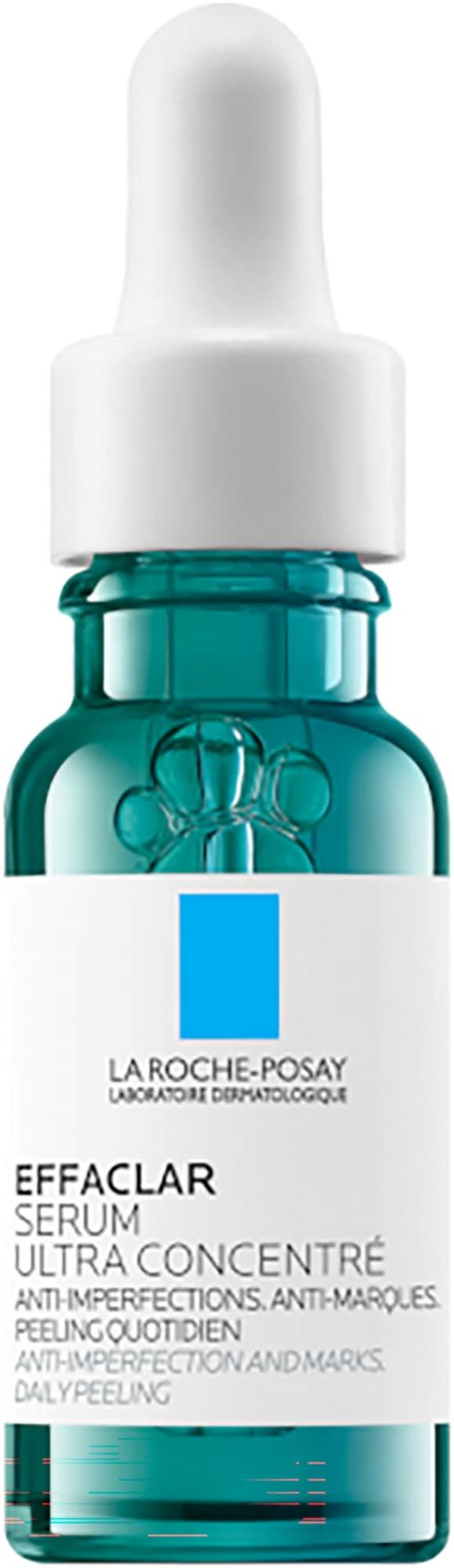 Eine kleine blaue Glasflasche mit weißem Tropfer-Verschluss mit La Roche-Posay Effaclar Serum für Akne und Hautunreinheiten.
