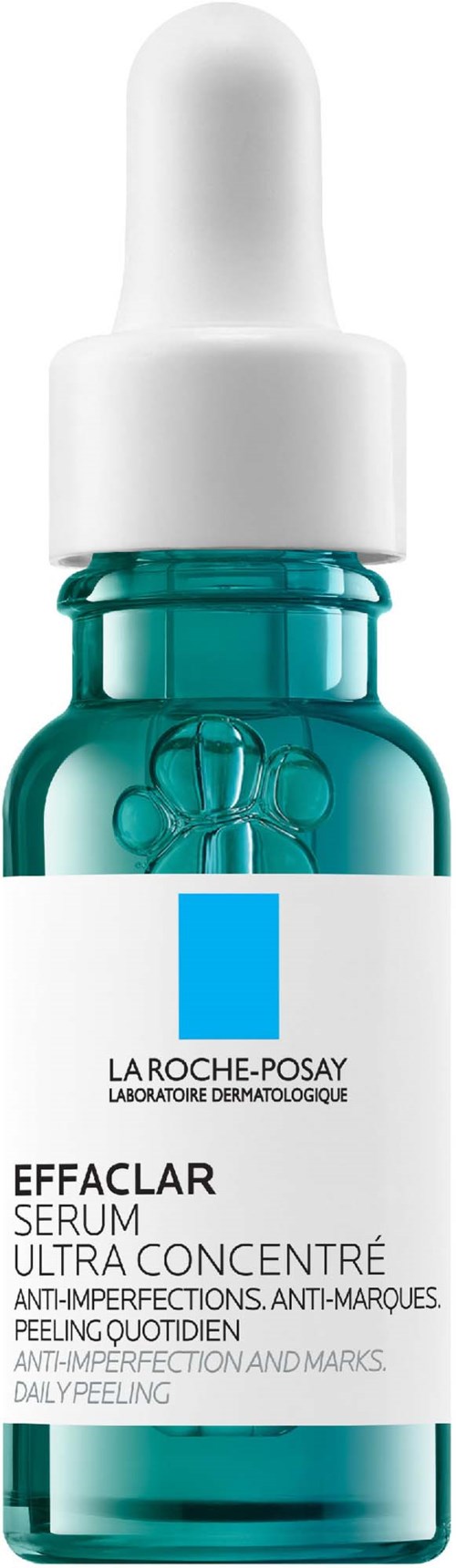 Kleine Flasche Effaclar-Serum von La Roche-Posay mit weißem Tropfer und türkisem Glasbehälter.