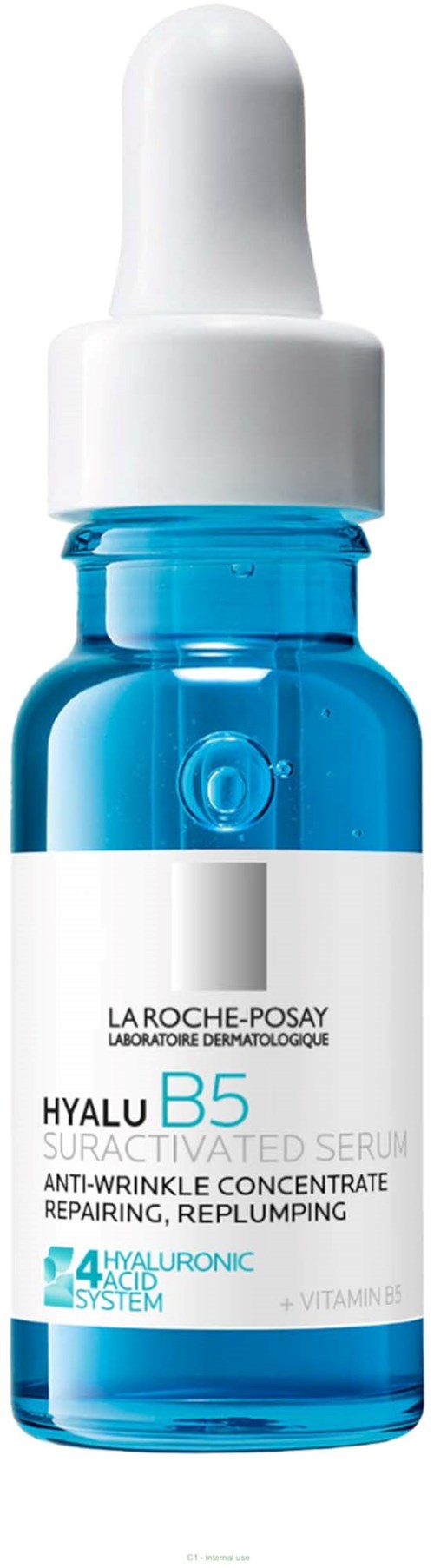 Blaue Glasflasche mit weißem Tropfer, Etikett zeigt La Roche-Posay Hyalu B5, Anti-Falten-Serum für Hautreparatur.
